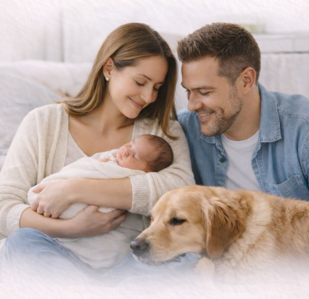 Casal com bebê recém-nascido no colo e cão deitado ao lado em ambiente familiar.