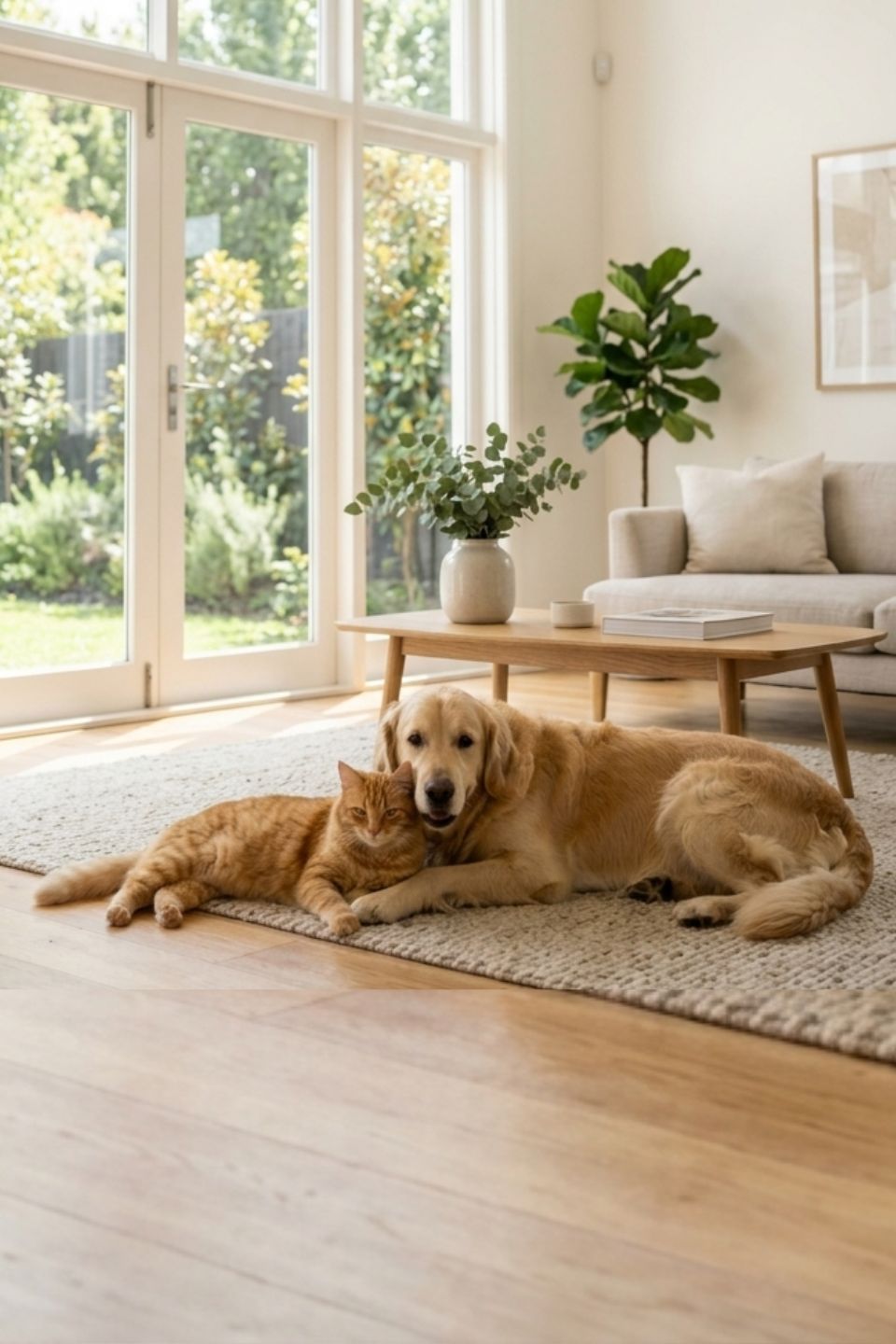 Cão e gato deitados juntos em uma sala clara e aconchegante, representando convivência harmoniosa entre pets e família.